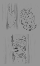 Size: 700x1140 | Tagged: safe, artist:stray prey, oc, oc:panne, bat pony, pony, ambiguous gender, axe, door, duo, evil grin, female, food, french fries, grayscale, grin, here's johnny, jack nicholson, knife, mare, monochrome, smiling, the shining, weapon