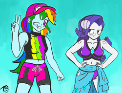 Size: 11699x8927 | Tagged: safe, artist:radiancebreaker, rainbow dash, rarity, equestria girls, equestria girls specials, g4, my little pony equestria girls: better together, my little pony equestria girls: forgotten friendship, absurd resolution, belly button, bikini, blue background, clothes, midriff, sarong, simple background, swimsuit, traditional art