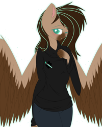 Size: 1440x1800 | Tagged: safe, artist:electricaldragon, oc, oc only, oc:mint, pegasus, anthro, clothes, female, hoodie, mare, one eye closed, pants, simple background, solo, transparent background, wink