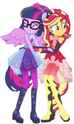 Size: 436x727 | Tagged: safe, artist:php77, editor:php77, sci-twi, sunset shimmer, twilight sparkle, equestria girls, g4, my little pony equestria girls: better together, duo, duo female, female, ponied up, sci-twilicorn, shipping fuel, simple background, transparent background