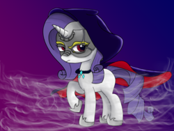 Size: 2000x1500 | Tagged: safe, artist:freezeroffire, rarity, pony, unicorn, g4, ponies of dark water, cape, clothes, doctor doomity, evil, evil rarity, female, fog, mask, red eyes, solo