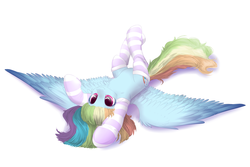 Size: 3000x2000 | Tagged: safe, artist:peachmayflower, color edit, edit, rainbow dash, pegasus, pony, armpits, beautiful, clothes, colored, cute, dashabetes, female, kneesocks, mare, on back, simple background, socks, solo, spread wings, striped socks, thigh highs, white background, wings