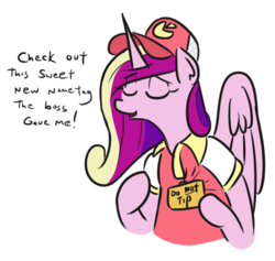 Size: 511x484 | Tagged: safe, artist:jargon scott, princess cadance, alicorn, pony, g4, cadance's pizza delivery, female, food, mare, name tag, peetzer, pizza, simple background, solo, white background, work clothes