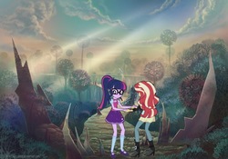Size: 2048x1434 | Tagged: safe, artist:php77, editor:php77, sci-twi, sunset shimmer, twilight sparkle, equestria girls, g4, mirror world, wallpaper