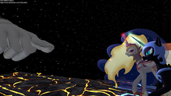 Size: 2560x1440 | Tagged: safe, artist:thecoldify, daybreaker, nightmare moon, g4, fight, final destination, glowing horn, horn, master hand, super smash bros.