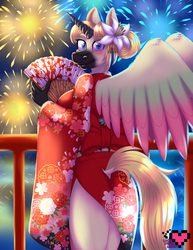 Size: 3400x4400 | Tagged: safe, artist:ladypixelheart, pegasus, anthro, clothes, fan, fireworks, flower, flower in hair, hair accessory, kimono (clothing)