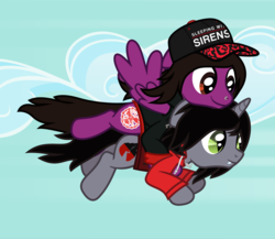 Size: 1374x1191 | Tagged: safe, artist:lightningbolt, derpibooru exclusive, pegasus, pony, unicorn, g4, .svg available, cap, carrying, clothes, cloud, disguise, disguised siren, drop dead clothing, duo, fangs, floppy ears, flying, hair over one eye, hat, holding a pony, hoodie, horn, jewelry, kellin quinn, looking down, male, necklace, nose piercing, pierce the veil, piercing, ponified, show accurate, sky, sleeping with sirens, slit pupils, spread wings, stallion, svg, vector, vic fuentes, wings