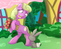 Size: 1000x800 | Tagged: safe, artist:klemm, daisy, flower wishes, earth pony, pony, rabbit, g4, female, flower, mare, ponyville, rearing, solo, the horror