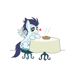 Size: 3000x3000 | Tagged: safe, artist:silver dash, soarin', pegasus, pony, g4, atg 2018, backwards cutie mark, cargo ship, chair, food, heart, heart eyes, high res, male, newbie artist training grounds, pie, shipping, simple background, sitting, solo, stallion, table, that pony sure does love pies, white background, wingding eyes