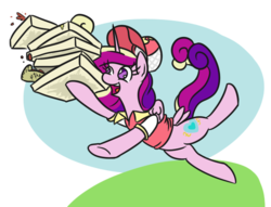 Size: 670x511 | Tagged: safe, artist:jargon scott, princess cadance, alicorn, pony, g4, cadance's pizza delivery, female, food, hat, hoof hold, mare, peetzer, pizza, pizza box, pizza delivery, solo