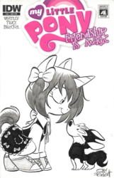 Size: 773x1200 | Tagged: safe, artist:jay fosgitt, oc, oc only, oc:ryleigh, dog, pony, unicorn, bow, clothes, comic cover, commission, converse, dress, female, grayscale, hair bow, mare, monochrome, pet, shoes, sneakers, traditional art