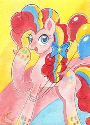 Size: 1701x2373 | Tagged: safe, artist:piripaints, pinkie pie, earth pony, pony, g4, balloon, colorful, female, laughing, looking at you, mare, rainbow power, ribbon, simple background, solo, traditional art, watercolor painting