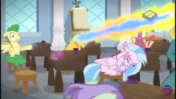 Size: 1280x720 | Tagged: safe, screencap, citrine spark, end zone, fire flicker, huckleberry, silverstream, violet twirl, pegasus, pony, unicorn, a matter of principals, g4, dragonfire, fire, fire breath, friendship student, implied smolder, male, school of friendship, sneezing, stallion