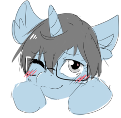 Size: 1275x1235 | Tagged: safe, artist:detectiveneko, oc, oc only, oc:tinker doo, pony, unicorn, blushing, bust, colored sketch, glasses, male, smiling, solo
