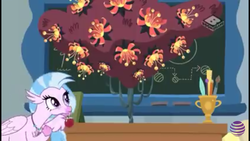 Size: 1280x720 | Tagged: safe, screencap, silverstream, hippogriff, a matter of principals, g4, season 8, apple, cute, desk, diastreamies, dragonsneeze, female, food, needs more jpeg, school of friendship, silly, trophy