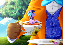Size: 1800x1300 | Tagged: safe, artist:kiarawizard01, twilight sparkle, alicorn, pony, g4, alice in wonderland, bow, clothes, crossover, cup, cup of pony, food, hair bow, mad hatter, micro, tea, teacup, tiny ponies, twilight sparkle (alicorn)
