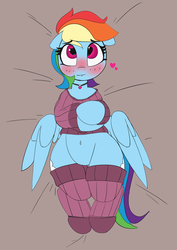 Size: 3575x5044 | Tagged: safe, artist:pabbley, rainbow dash, pegasus, pony, g4, blushing, clothes, cute, female, floppy ears, heart, heart eyes, lip bite, lying down, shirt, socks, solo, sweater, wide hips, wingding eyes