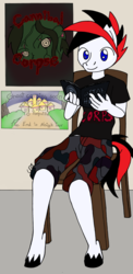 Size: 1080x2220 | Tagged: safe, artist:deadclopper, oc, oc only, oc:shadowhoof, anthro, unguligrade anthro, anthro oc, cargo pants, clothes, male, pants, poster, reading, red and black mane, sitting, solo, white coat