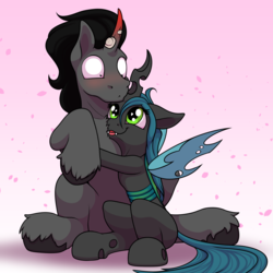 Size: 2000x2000 | Tagged: safe, artist:ohemo, king sombra, queen chrysalis, changeling, changeling queen, g4, atg 2018, blushing, cute, cutealis, female, heart eyes, high res, hug, male, newbie artist training grounds, ship:chrysombra, shipping, smiling, sombradorable, stallion, straight, wingding eyes