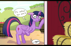 Size: 1616x1056 | Tagged: safe, artist:4th, twilight sparkle, alicorn, pony, g4, apple, barrel, female, food, hay bale, mare, solo, speech bubble, sweat, sweet apple acres, thought bubble, twilight sparkle (alicorn)