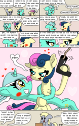 Size: 1000x1600 | Tagged: safe, artist:bjdazzle, bon bon, derpy hooves, lyra heartstrings, sweetie drops, earth pony, pegasus, pony, unicorn, comic:accidental transit guardians, g4, atg 2018, bedroom eyes, blushing, box, chibi, comic, compliment, embrace, excited, female, grappling hook, heart, heart eyes, holding a pony, lesbian, looking at each other, love, mare, newbie artist training grounds, package, pun, rescue, secret agent sweetie drops, shaking, ship:lyrabon, shipping, wingding eyes