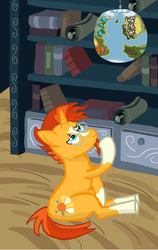 Size: 2058x3265 | Tagged: safe, artist:tinker note, derpibooru exclusive, sunburst, pony, unicorn, g4, book, bookshelf, coat markings, drawer, globe, high res, library, looking up, male, map of equestria, missing accessory, scroll, sitting, socks (coat markings), solo, thinking