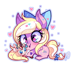 Size: 458x407 | Tagged: safe, artist:ipun, oc, oc only, oc:bay breeze, pegasus, pony, sylveon, arm hooves, blushing, bow, chibi, cute, female, hair bow, heart, heart eyes, mare, ocbetes, plushie, pokémon, pokémon x and y, simple background, solo, tail bow, transparent background, wingding eyes