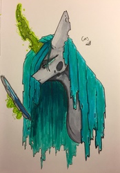 Size: 892x1280 | Tagged: safe, artist:greyscaleart, queen chrysalis, changeling, changeling queen, g4, female, glowing horn, horn, magic, mirror, sad, signature, simple background, solo, telekinesis, traditional art