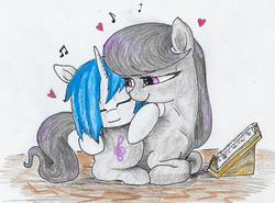 Size: 831x614 | Tagged: safe, artist:t72b, derpibooru exclusive, dj pon-3, octavia melody, vinyl scratch, earth pony, pony, unicorn, g4, cuddling, female, hair over one eye, heart, hug, lesbian, lying, mare, missing accessory, music notes, newbie artist training grounds, ship:scratchtavia, shipping, sitting, smiling, traditional art
