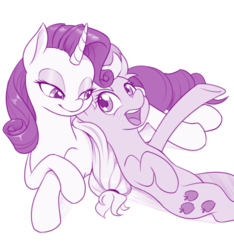 Size: 1006x1073 | Tagged: safe, artist:dstears, applejack, rarity, earth pony, pony, unicorn, curved horn, cute, female, jackabetes, lesbian, mare, on back, pony pillow, prone, raribetes, rarijack, shipping, simple background, white background