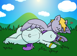Size: 1100x800 | Tagged: safe, artist:goodie-bag, derpibooru exclusive, crackle pop, liza doolots, petunia, tootsie flute, pegasus, pony, unicorn, g4, belly, belly button, big belly, blushing, cloud, duo, female, grass, heart, kicking, lying down, male, mare, married, married couple, older, older crackle pop, older tootsie flute, on side, outie belly button, paint.net, pregnant, prone, ring, shipping, sky, sleeping, snoring, stallion, straight, sun, tootsiepop, wedding ring, zzz