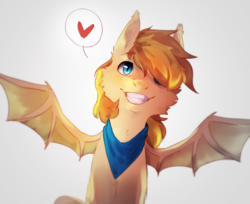 Size: 924x754 | Tagged: safe, artist:suplolnope, oc, oc only, oc:lucy moonlight, bat pony, pony, bat wings, clothes, ear fluff, grin, looking at you, race swap, scarf, smiling, solo, spread wings, wings