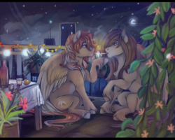 Size: 1280x1023 | Tagged: safe, artist:1an1, oc, oc only, pegasus, pony, balcony, chin fluff, cigarette, cigarette kiss, city, cityscape, digital painting, duo, gay, lidded eyes, long hair, male, night, night sky, scenery, sitting, sky, smoking, stallion, string lights, tender moment, touching tips, unshorn fetlocks