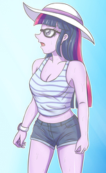 Size: 2233x3637 | Tagged: safe, artist:sumin6301, twilight sparkle, equestria girls, g4, clothes, female, glasses, hat, high res, midriff, open mouth, pointy nose, shorts, solo, sun hat