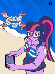 Size: 7475x9975 | Tagged: safe, artist:radiancebreaker, sci-twi, twilight sparkle, equestria girls, g4, my little pony equestria girls: better together, absurd resolution, clothes, female, geode of telekinesis, one-piece swimsuit, selfie drone, solo, swimsuit, traditional art