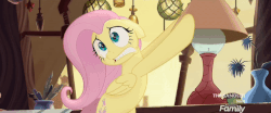 Size: 640x267 | Tagged: safe, edit, edited screencap, editor:binkyt11, screencap, fluttershy, pony, g4, my little pony: the movie, animated, cute, discovery family logo, female, gif, hiding, lamp, lampshade, no spoilers, reaction image, scared, shaking, shyabetes, solo