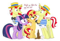 Size: 1000x680 | Tagged: safe, artist:dm29, flam, flim, sunset shimmer, twilight sparkle, alicorn, pony, unicorn, equestria girls, equestria girls specials, g4, my little pony equestria girls: better together, my little pony equestria girls: rollercoaster of friendship, baseball, bottle, female, flim flam brothers, male, mare, rageset shimmer, simple background, stallion, that pony sure have anger issues, transparent background, twilight sparkle (alicorn)