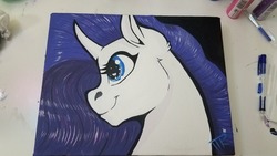 Size: 1280x720 | Tagged: safe, artist:tabertheraver, rarity, pony, unicorn, g4, acrylic painting, curved horn, female, heart eyes, horn, mare, profile, smiling, solo, traditional art, wingding eyes