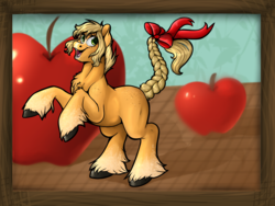 Size: 4800x3600 | Tagged: safe, artist:tabertheraver, applejack, earth pony, pony, g4, alternate hairstyle, apple, bow, braid, braided tail, female, food, frame, mare, micro, missing accessory, missing cutie mark, obligatory apple, open mouth, rearing, solo, tail bow, unshorn fetlocks