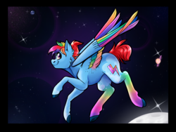 Size: 4800x3600 | Tagged: safe, artist:tabertheraver, rainbow dash, pegasus, pony, g4, alternate cutie mark, alternate hairstyle, colored wings, female, looking at you, mare, redesign, short hair, short tail, smiling, solo, space