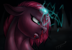 Size: 3507x2481 | Tagged: safe, artist:tabertheraver, tempest shadow, pony, unicorn, g4, alternate hairstyle, blood, broken horn, female, floppy ears, high res, horn, injured, mare, nosebleed, solo, sparking horn