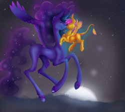 Size: 10087x8985 | Tagged: safe, artist:tabertheraver, princess luna, scootaloo, alicorn, pegasus, pony, g4, absurd resolution, blank flank, duo, ethereal mane, eyes closed, female, filly, flying, leonine tail, mare, missing cutie mark, moon, night, nuzzling, scootaloo can fly, smiling, spread wings, starry mane, stars, wings