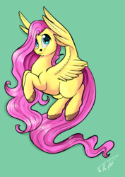 Size: 1280x1811 | Tagged: safe, artist:tabertheraver, fluttershy, pegasus, pony, g4, female, flying, green background, hair over one eye, looking at you, mare, missing cutie mark, simple background, smiling, solo, spread wings, wings