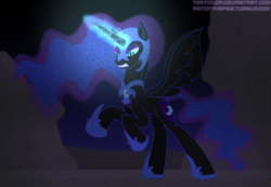 Size: 1300x900 | Tagged: safe, artist:terton, nightmare moon, alicorn, pony, g4, atg 2018, female, glowing horn, horn, jewelry, magic, mare, newbie artist training grounds, night, regalia, ruins, solo