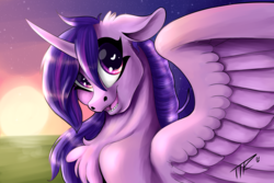 Size: 3600x2400 | Tagged: safe, artist:tabertheraver, twilight sparkle, alicorn, pony, g4, chest fluff, curved horn, female, floppy ears, heart eyes, high res, horn, looking at you, mare, open mouth, solo, spread wings, stars, sun, twilight (astronomy), twilight sparkle (alicorn), wingding eyes, wings