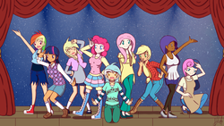 Size: 1820x1024 | Tagged: safe, artist:platinum-starz, applejack, bon bon, derpy hooves, fluttershy, lyra heartstrings, pinkie pie, rainbow dash, rarity, sweetie drops, twilight sparkle, human, g4, alternate hairstyle, apron, boots, clothes, converse, crossover, dark skin, denim skirt, dress, female, flats, hoodie, humanized, idol, jeans, love live!, open mouth, pants, pantyhose, shoes, shorts, skirt, sneakers, socks, stage, sweater, sweater vest, sweatershy, thigh highs