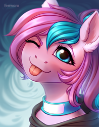 Size: 1100x1400 | Tagged: safe, artist:fenwaru, oc, oc only, oc:panda shade, earth pony, pony, bust, clothes, collar, hoodie, looking at you, one eye closed, portrait, tongue out, wink, ych result