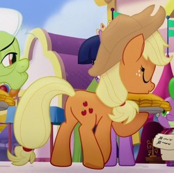 Size: 553x550 | Tagged: safe, screencap, applejack, granny smith, spike, twilight sparkle, g4, my little pony: the movie, butt, cropped, plot