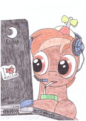 Size: 1024x1448 | Tagged: safe, artist:zocidem, button mash, pony, g4, computer, headphones, juice, juice box, laptop computer, male, pc master race, simple background, solo, traditional art, white background