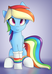 Size: 2417x3418 | Tagged: safe, artist:renderpoint, rainbow dash, pegasus, pony, g4, clothes, cute, dashabetes, female, high res, mare, rainbow socks, simple background, sitting, socks, solo, striped socks